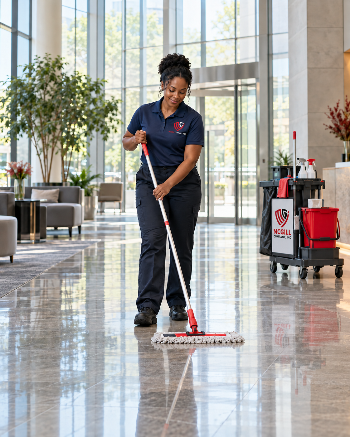 Service illustration: Janitorial professional maintaining a commercial lobby