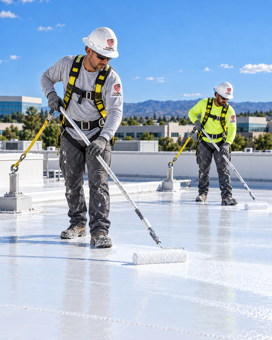 Service illustration: Workers applying commercial roof coating