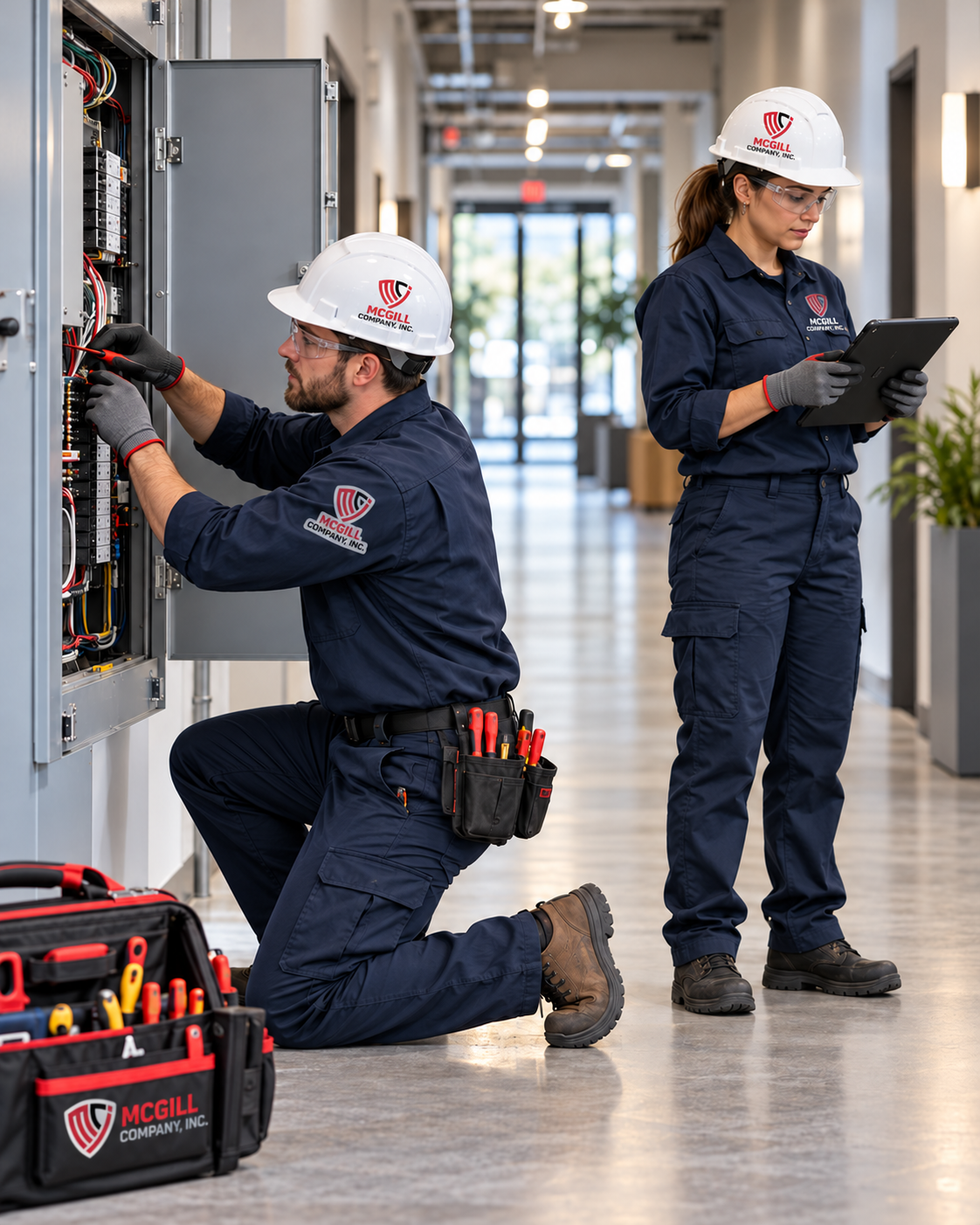 Service illustration: Tradespeople supporting commercial building maintenance